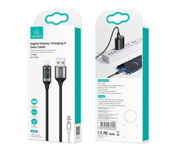 USAMS Kabel pleciony lightning 1,2mLED 2,4A Fast Charging czarny - 1569000 - zdjęcie 7